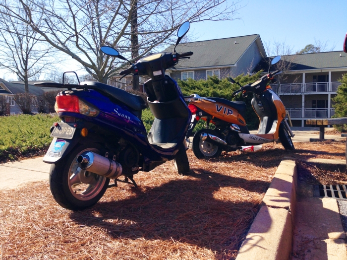 Photo courtesy of Dante Durrman Mopeds parked in a designated space outside of North Village B