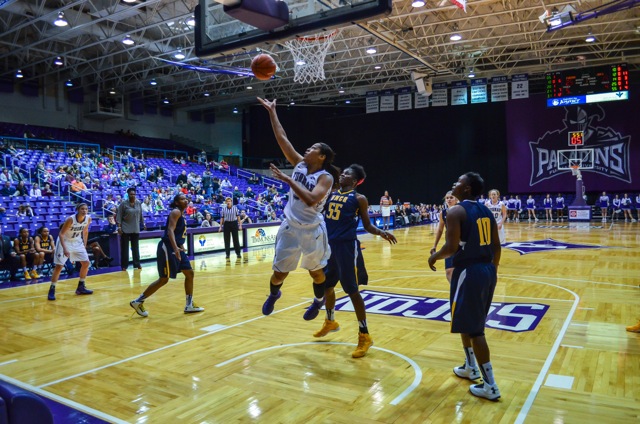 The Furman Paladins score in the paint en route to a nine point victory over conference river UNC-Greensboro last week Photo courtesy of Laura Krueger