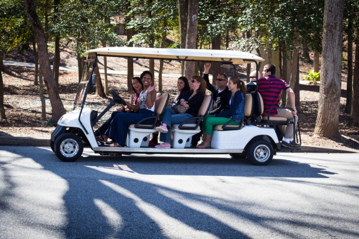 Recently admitted prospective students and their families rode around campus on golf carts March 21 and 22 during Furman’s annual Accepted Students Days. Events included tours and meet-and-greets with other accepted students. Photo courtesy of Dante Durrman