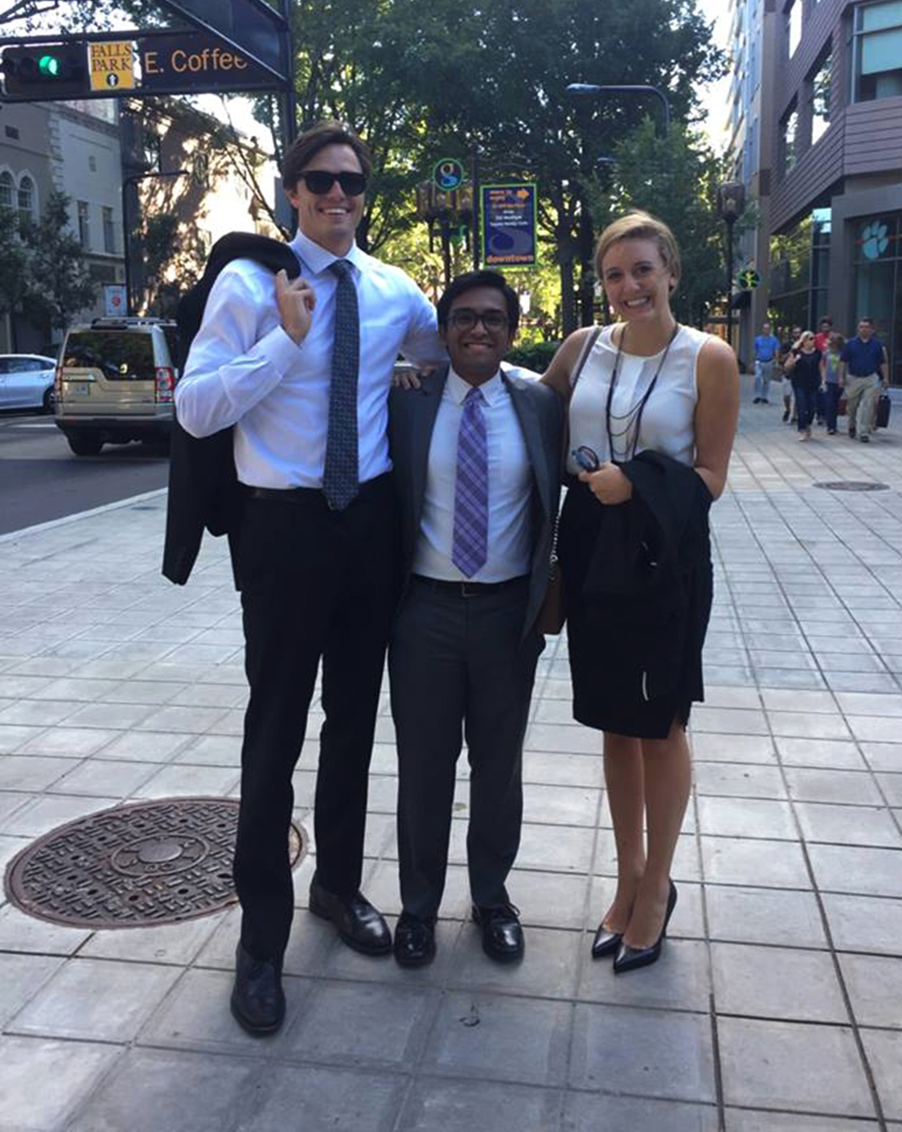 Left to right Furman students Ben Longnecker, '17, Sulaiman Ahmad, '18 and Katherine West, '19, after the afternoon hearing Oct. 6 to determine if college students in Greenville County can register to vote with an on-campus address. Photo courtesy of Ben Longnecker. 