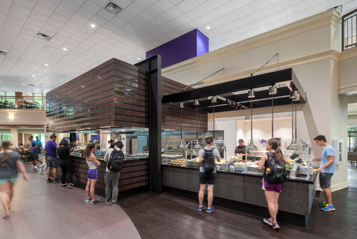 Furman students in the Aramark Dining Hall of yore. Marian Baker recalls harrowing dining experiences. Photo courtesy of DP3 Architects.