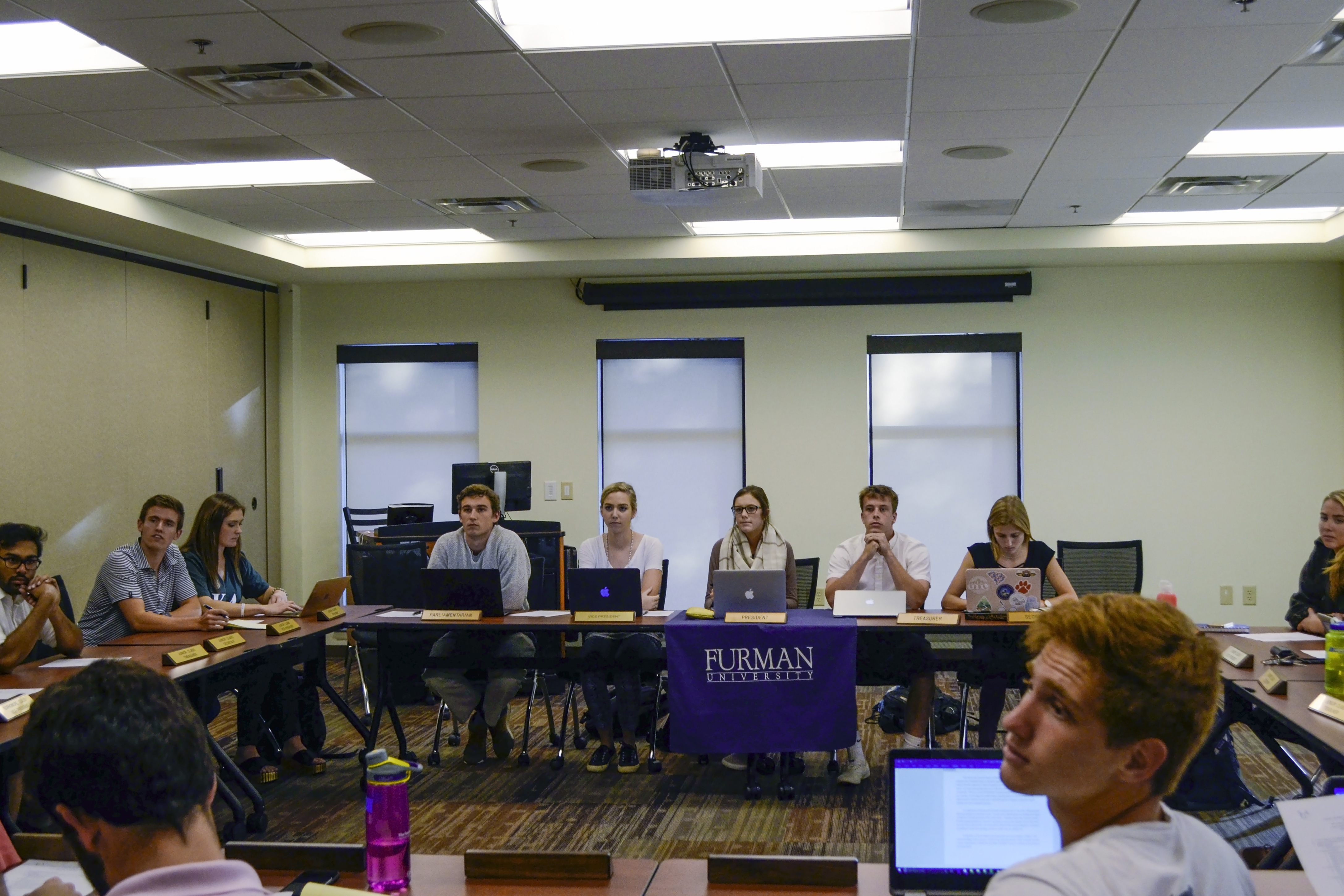 SGA holds their weekly meeting to discuss matters around campus. Earlier in the year SGA decided to cut every SGA funded organization by 20 percent. This decision has had a profound affect on many campus organizations. Photo courtesy of Tucker McKillop.