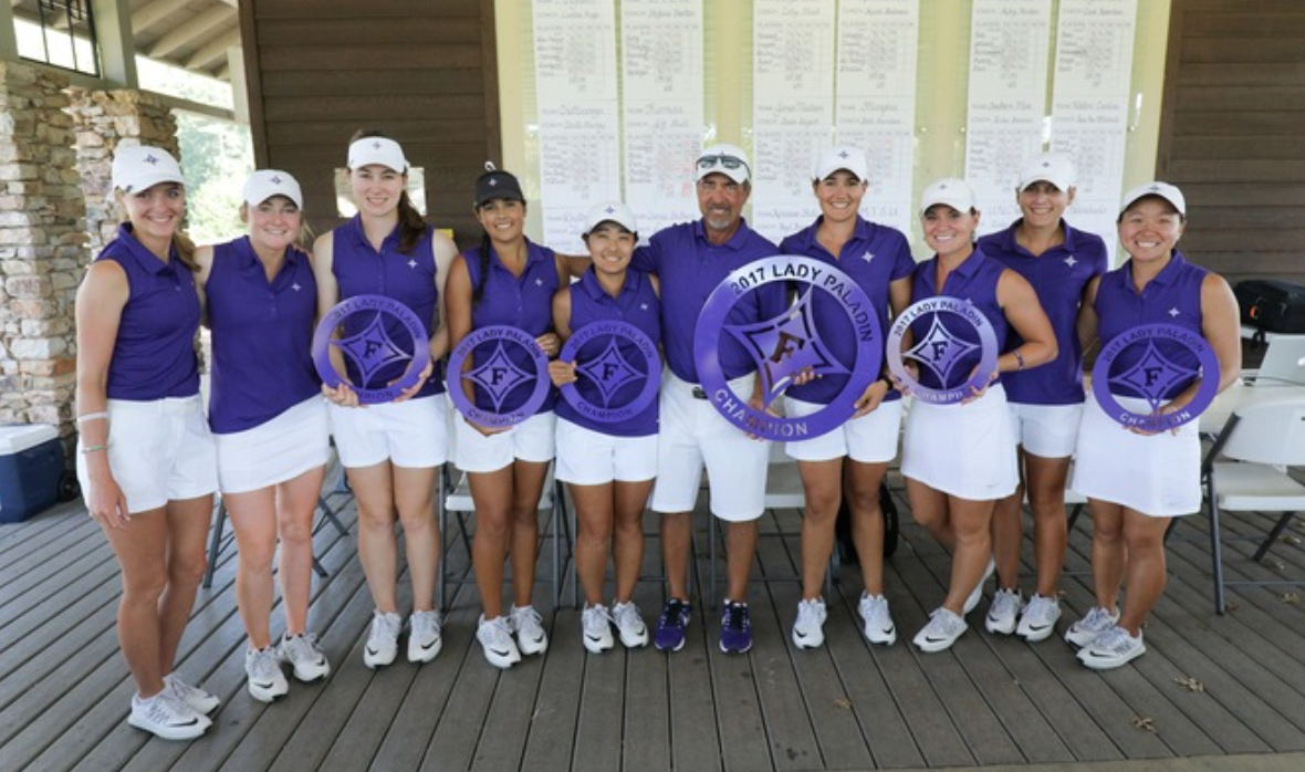 The women's golf team posing with the hardware they received after winning the Lady Paladin Invitational. They are currently ranked ninth in the nation. Photo courtesy of Furman Athletics.