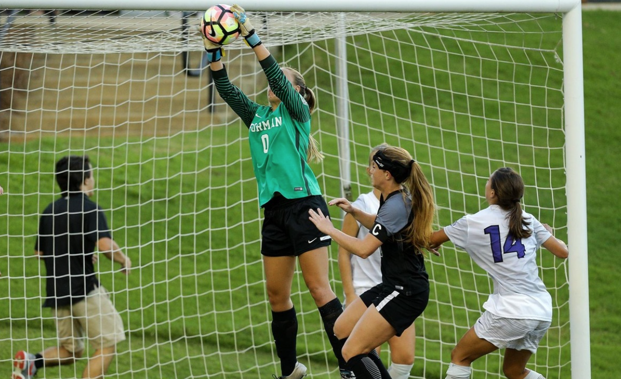 Sophomore goalkeeper Kelsey Weever saves a shot during the Paladin 2-0 victory over SoCon opponent UNG. Photo courtesy of Furman Athletics.